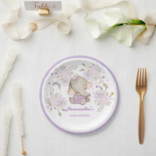 Purple Floral Elephant Baby Shower Girl Paper Plat Paper Plates