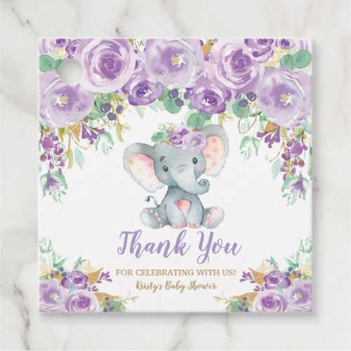 Purple Floral Elephant Baby Shower Girl Thank You Favor Tags