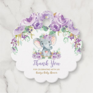 Purple Floral Elephant Baby Shower Girl Thank You Favor Tags