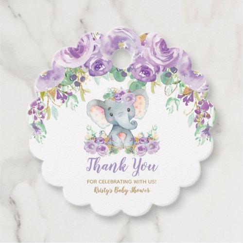 Purple Floral Elephant Baby Shower Girl Thank You Favor Tags