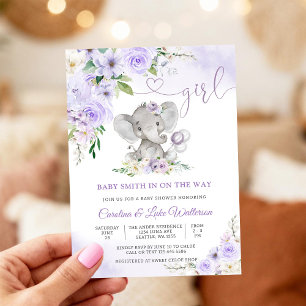 Purple Floral Elephant Baby Shower Invitation