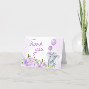 Purple Floral Elephant Baby Shower Letterpress Thank You Card