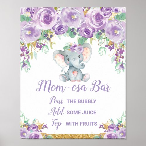 Purple Floral Elephant Baby Shower Momosa Bar Sign