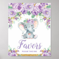 Purple Floral Elephant Baby Shower Party Favors Poster