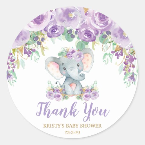 Purple Floral Elephant Baby Shower Thank You Favor Classic Round Sticker