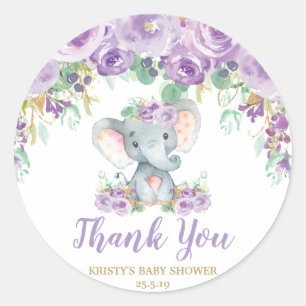 Purple Floral Elephant Baby Shower Thank You Favor Classic Round Sticker