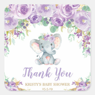 Purple Floral Elephant Baby Shower Thank You Favor Square Sticker