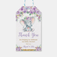 Purple Floral Elephant Baby Shower Thank You Gift Tags