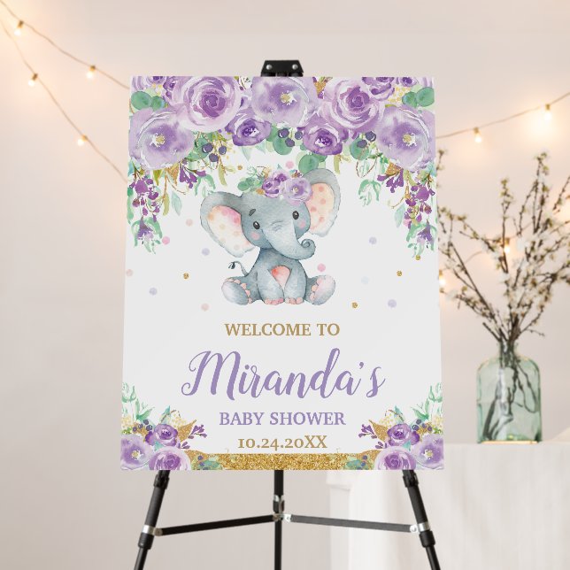 Purple Floral Elephant Baby Shower Welcome Foam Board (In Situ (Stand))