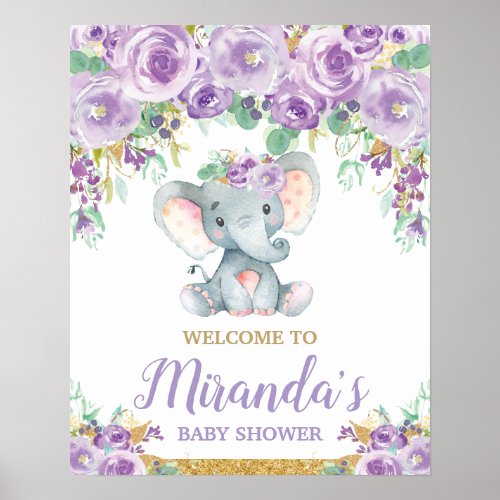 Purple Floral Elephant Baby Shower Welcome Poster