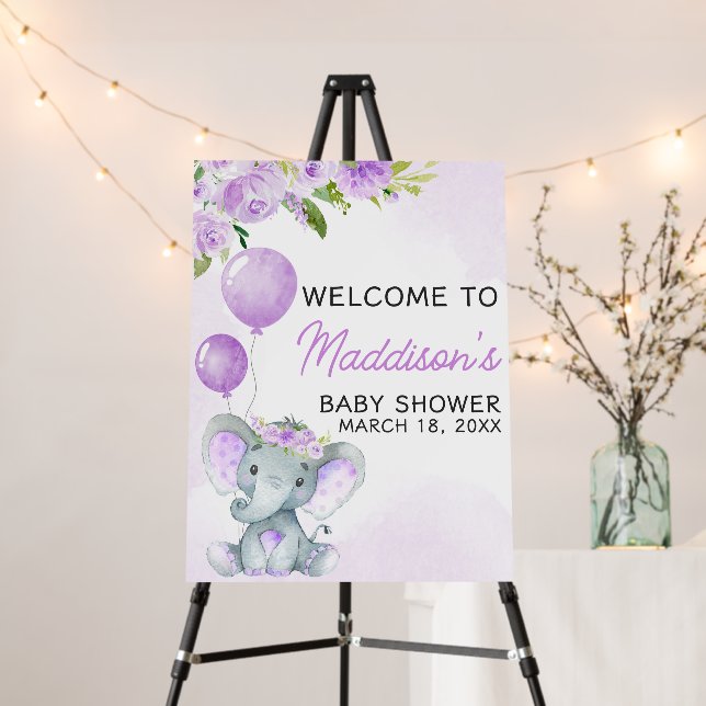 Purple Floral Elephant Baby Shower Welcome Sign (In Situ (Stand))