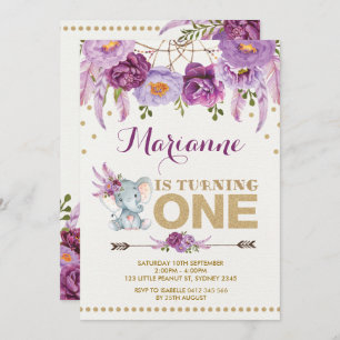 Purple Floral Elephant Boho Birthday Invitation