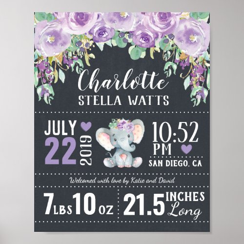 Purple Floral Elephant New Baby Girl Birth Stats Poster