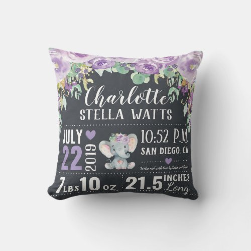 Purple Floral Elephant New Baby Girl Birth Stats Throw Pillow