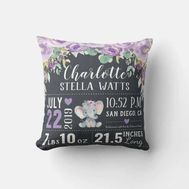 Purple Floral Elephant New Baby Girl Birth Stats Throw Pillow (Front)