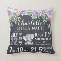 Purple Floral Elephant New Baby Girl Birth Stats Throw Pillow