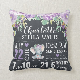 Purple Floral Elephant New Baby Girl Birth Stats Throw Pillow