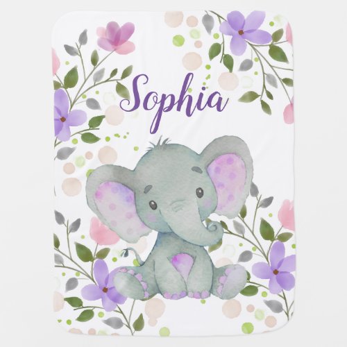 Purple Floral Elephant Personalized Name Baby Girl Baby Blanket