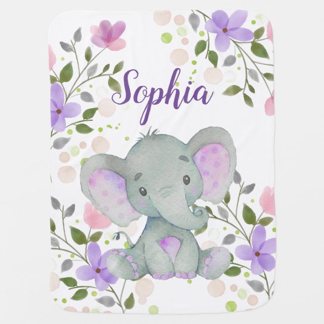 Purple Floral Elephant Personalized Name Baby Girl Blanket (Front)