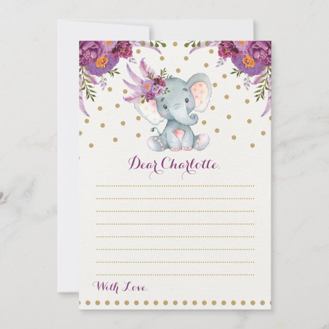 Purple Floral Elephant Time Capsule Message Card (Front)