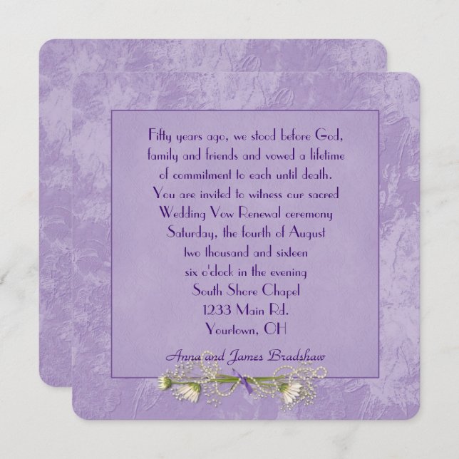Purple Floral Embossed Wedding  Vow Renewal Invitation (Front/Back)