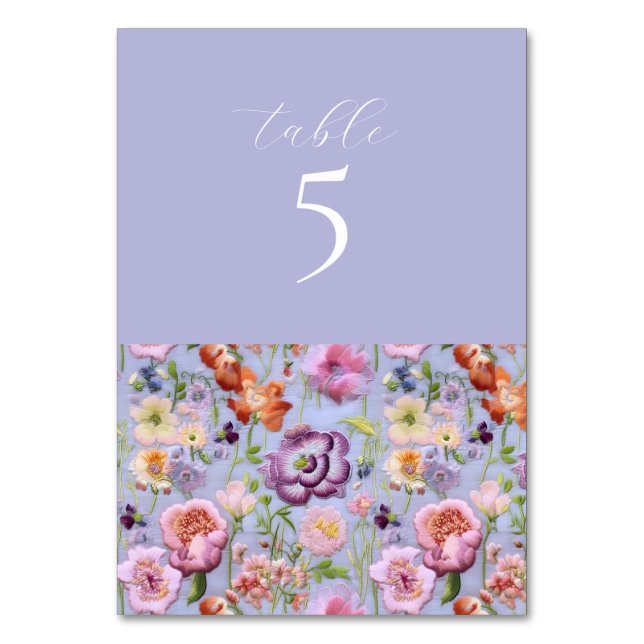 Purple Floral Embroidered Wedding Table Number (Front)