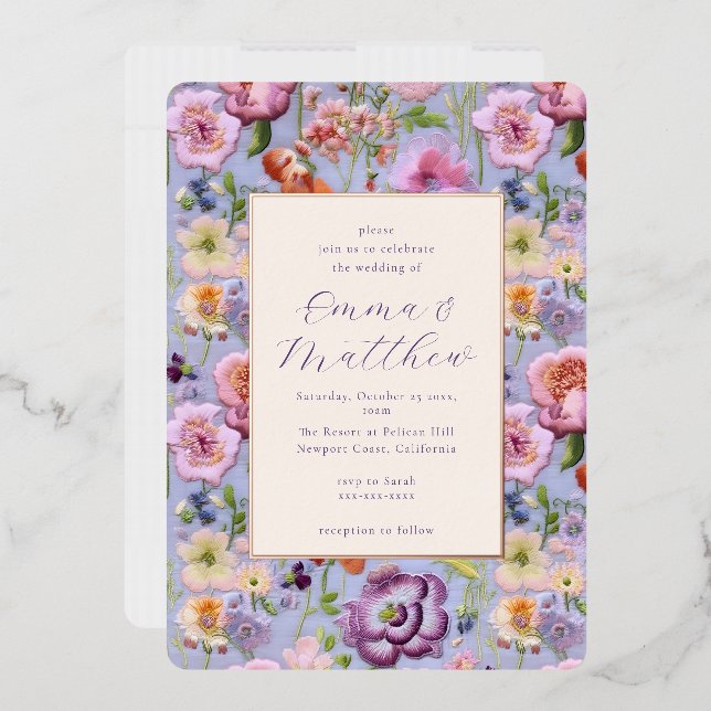 Purple Floral Embroidery Wedding Frame Foil Invitation (Envelope)