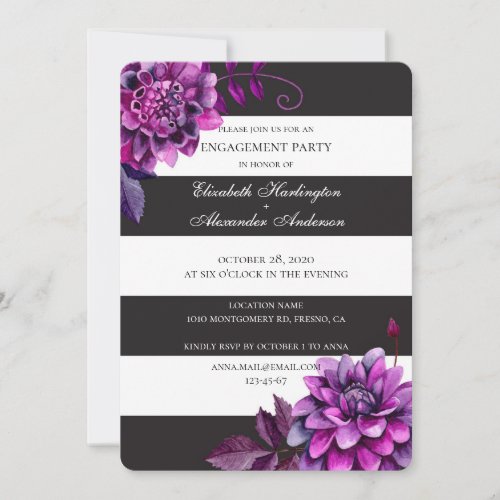 Purple floral engagement party Black and white Invitation