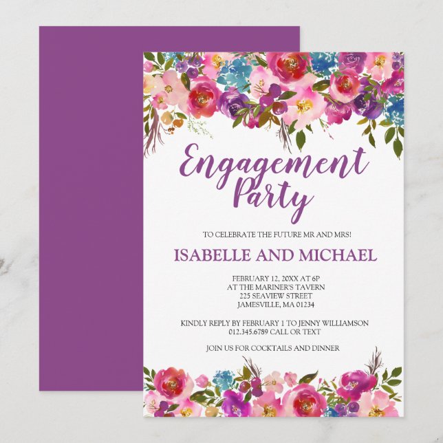 Purple Floral Engagement Party Invitations (Front/Back)