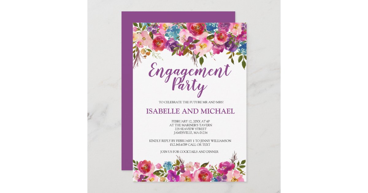 Purple Floral Engagement Party Invitations | Zazzle