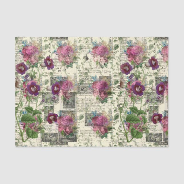 Purple Floral Ephemera Collage Tissue Paper (Front)