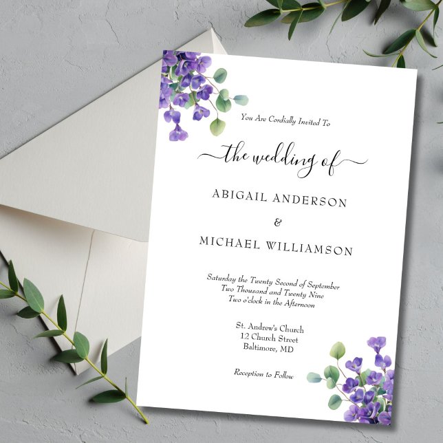 Purple Floral Eucalyptus Greenery Elegant Wedding Invitation (Purple Floral Eucalyptus Watercolor Elegant Wedding invitation)