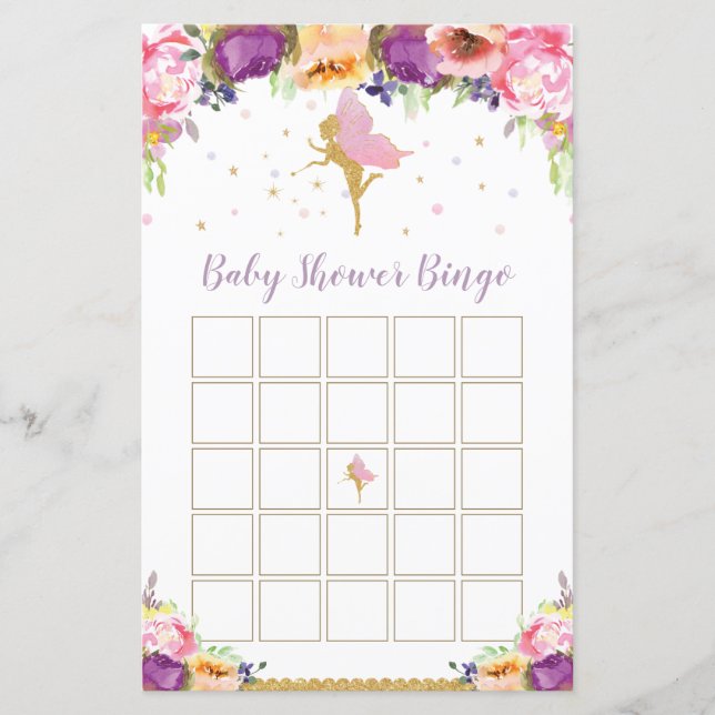 Purple Floral Fairy Baby Shower Bingo Game (Front)