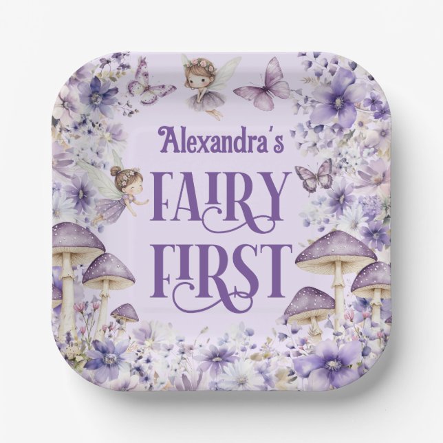 Purple Floral Fairy First Birthday Square  Paper Plates (Front)