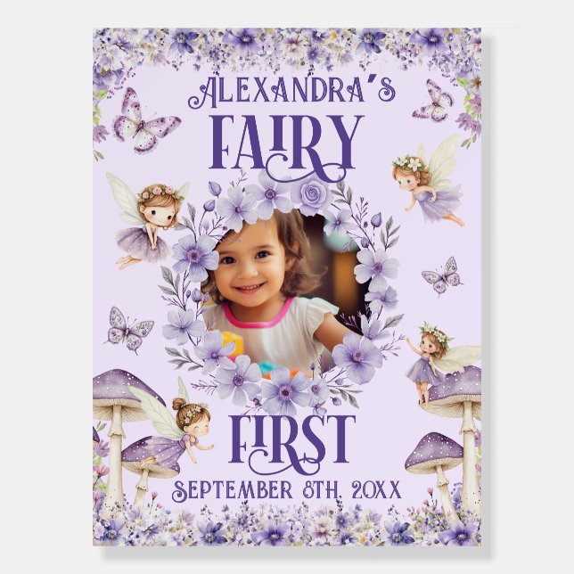 Purple Floral Fairy First Photo Birthday  Foam Board (Front)