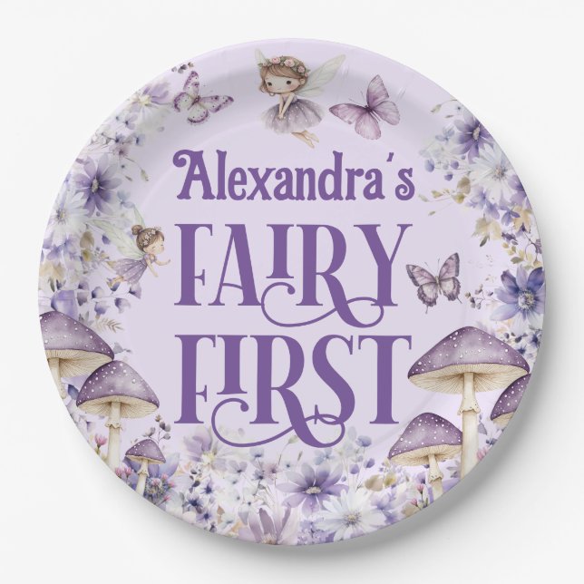 Purple Floral Fairy First Round Paper Plates (Front)