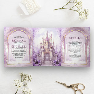 Purple Floral Fairytale Castle All in One Wedding Tri-Fold Invitation
