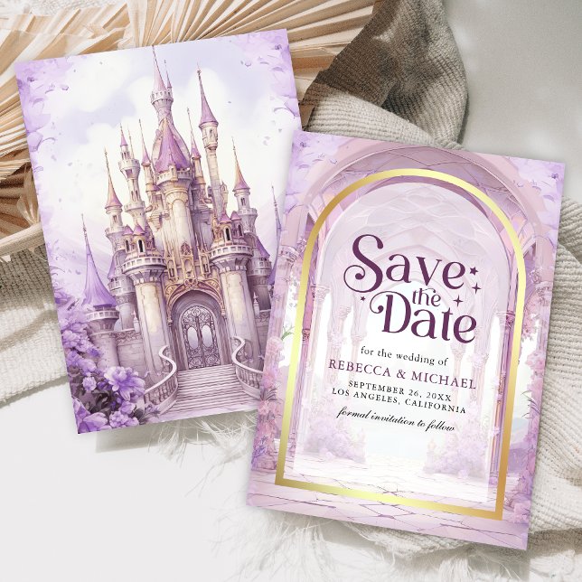 Purple Floral Fairytale Castle Wedding Save The Date (Creator Uploaded)