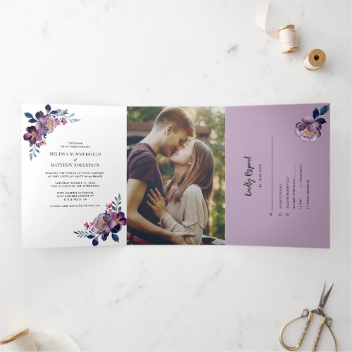 Purple Floral Fall Script Geometric Wedding Tri_Fold Invitation