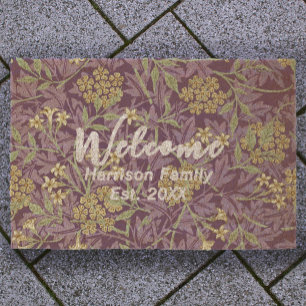 Purple Floral Family Name Established Welcome Coir Fiber Doormat