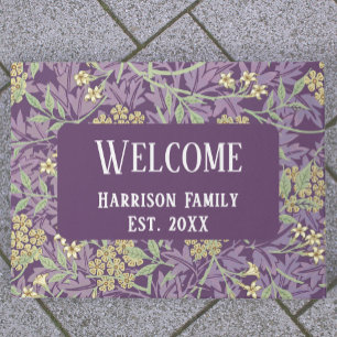 Purple Floral Family Name Established Welcome  Doormat