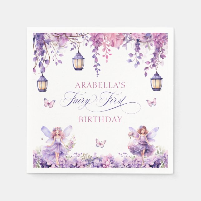 Purple Floral Fantasy Fairy First Birthday Napkins (Front)