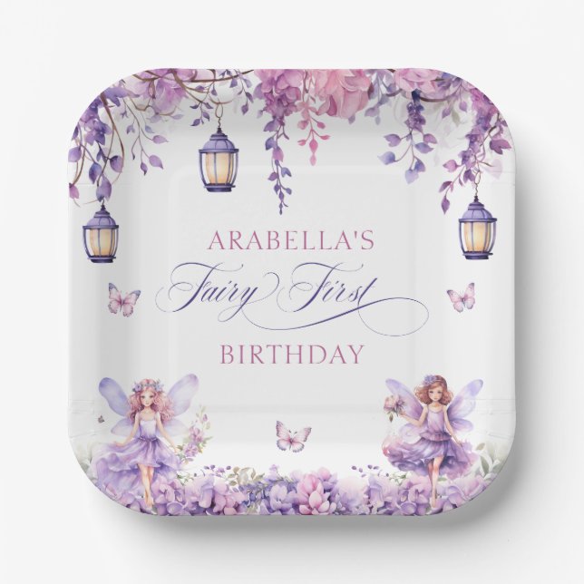 Purple Floral Fantasy Fairy First Birthday Paper Plates (Front)
