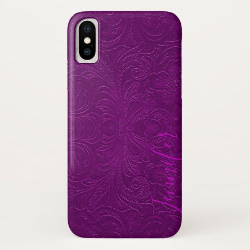 Purple Floral Faux Suede Leather Look Monogram iPhone X Case
