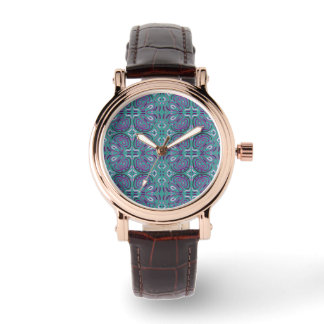 Purple Floral Feminine Flower Pattern on Turquoise Watch
