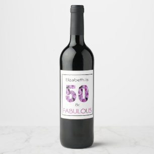 Purple Floral Fifty and Fabulous 50th Birthday Wine Label