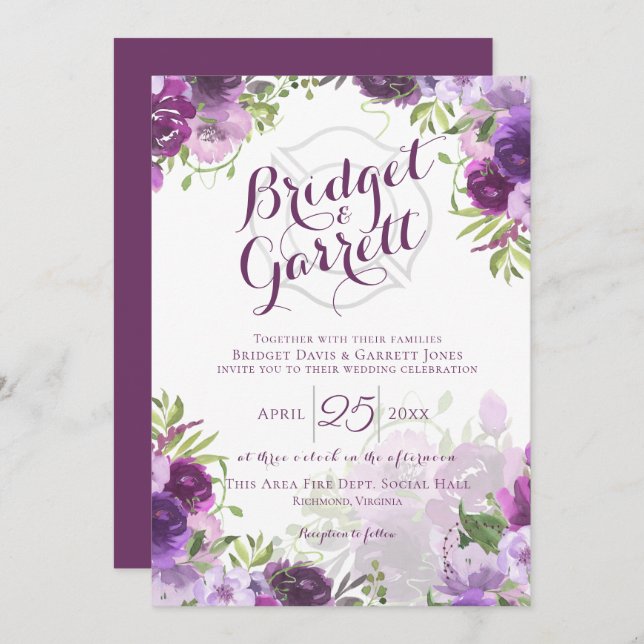 Purple Floral Fire Fighter Monogram Invitation (Front/Back)