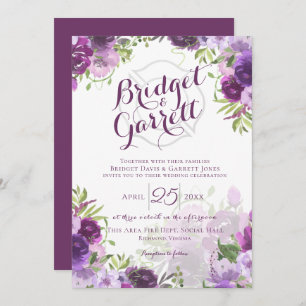 Purple Floral Fire Fighter Monogram Invitation