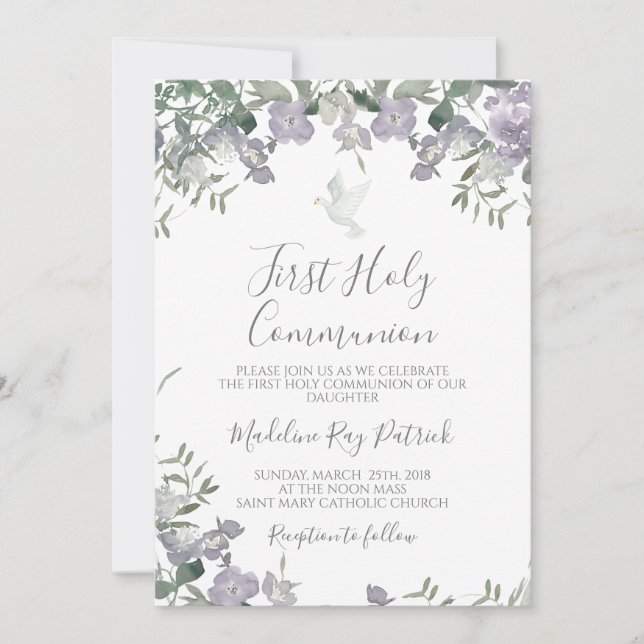 Purple Floral First Communion Invitation (Front)