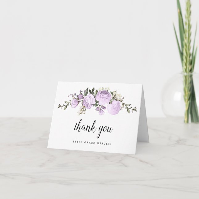 Purple Floral First Communion Photo Thank You Card (Front)